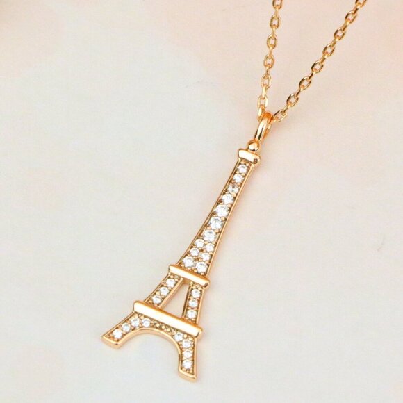 "Rose Gold Eiffel Tower Pendant Necklace with Sparkling Crystals, XPNL1883 - Picture 1 of 13